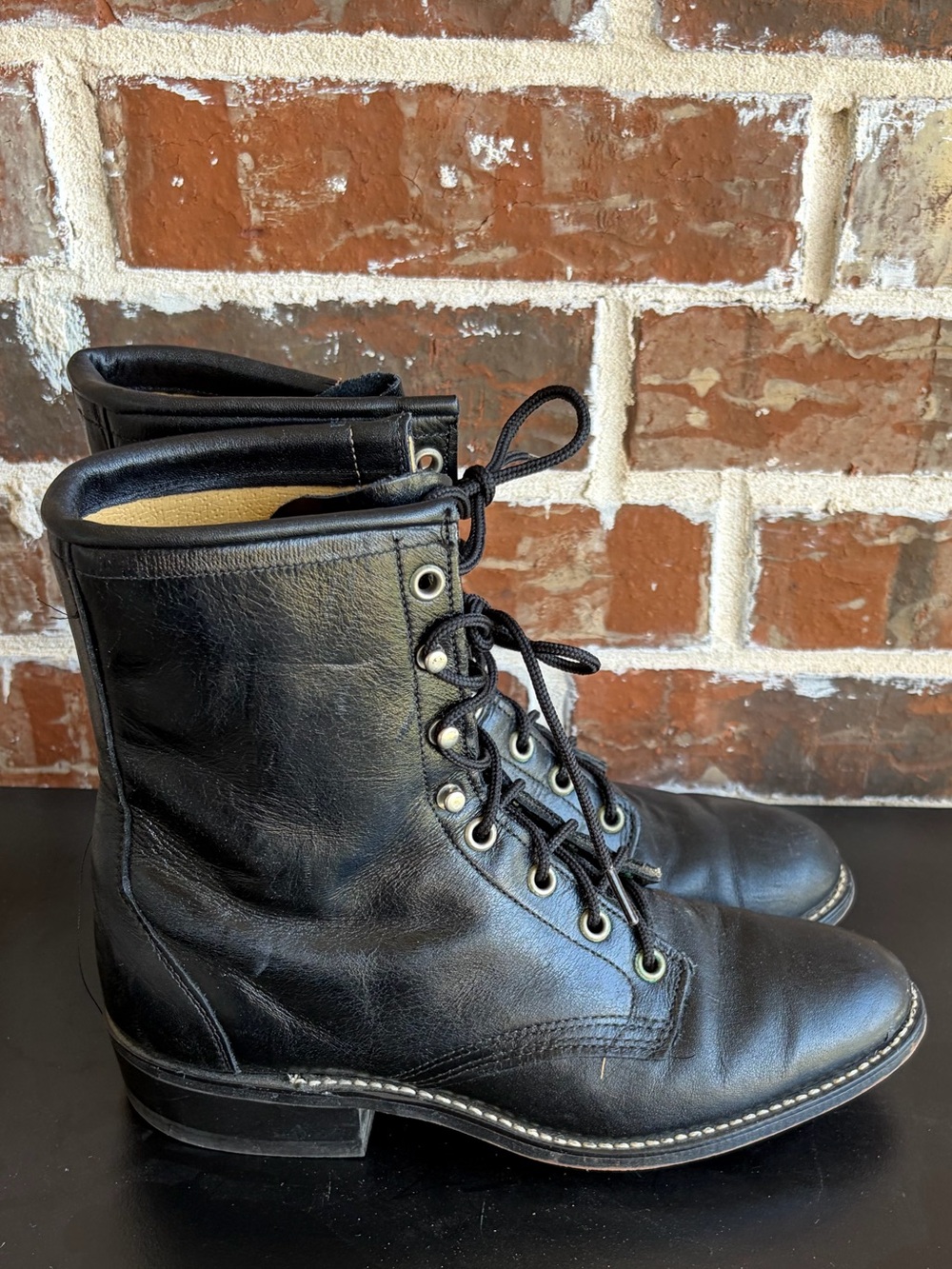 Laredo Vintage Roper Lace Up Black Leather Boots Size 7 Made in USA
